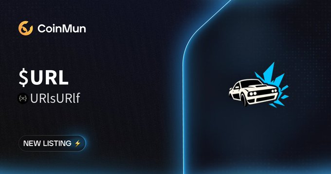 A CoinMun exchange announcement for a new listing of '$URL' (URLsURIf), featuring a graphic of a car crashing.