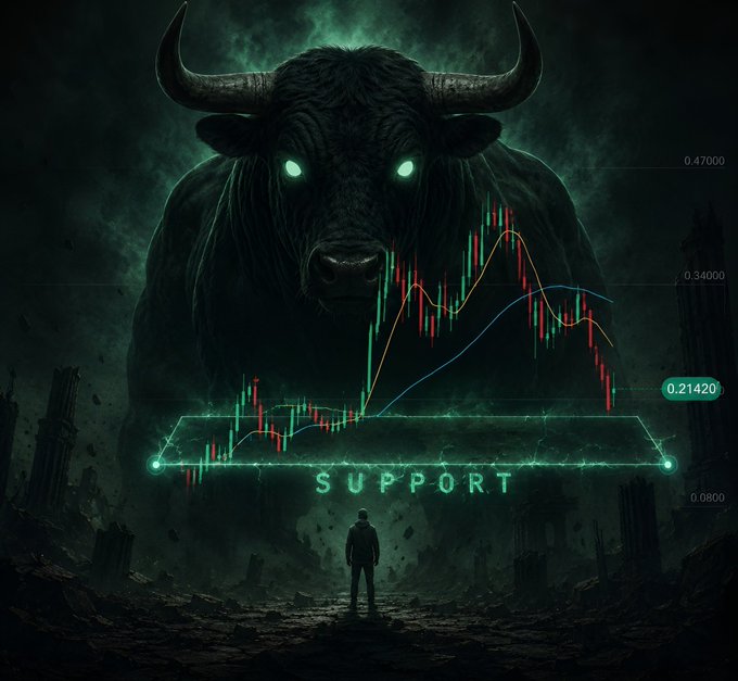 Dramatic artwork of a glowing-eyed black bull towering over a small human figure, overlaid with a red-and-green candlestick chart showing a price decline toward a 'SUPPORT' level near 0.21420.
