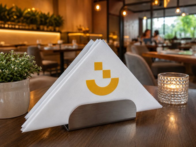 A folded white napkin with a yellow logo displayed on a metal holder on a restaurant table, with a small potted plant, a lit candle holder, and a blurred dining room in the background.