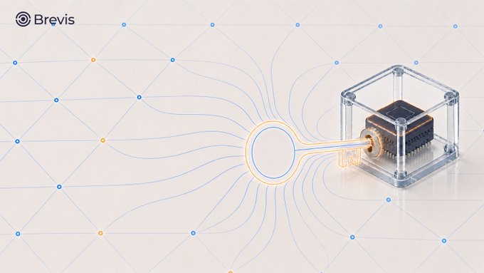 A promotional graphic for 'Brevis' featuring a microchip encased in a transparent cube connected to a stylized golden key, set against a light background with a network of blue and orange lines.