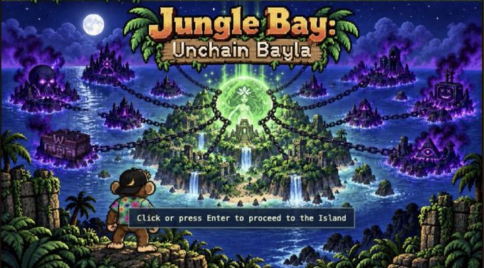 A pixel art game title screen displays 'Jungle Bay: Unchain Bayla' with the prompt 'Click or press Enter to proceed to the Island'.