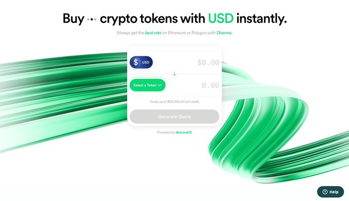 A Dharma website interface advertises "Buy crypto tokens with USD instantly," offering conversion between USD and various tokens with a swap limit up to $25,000.00 per week.