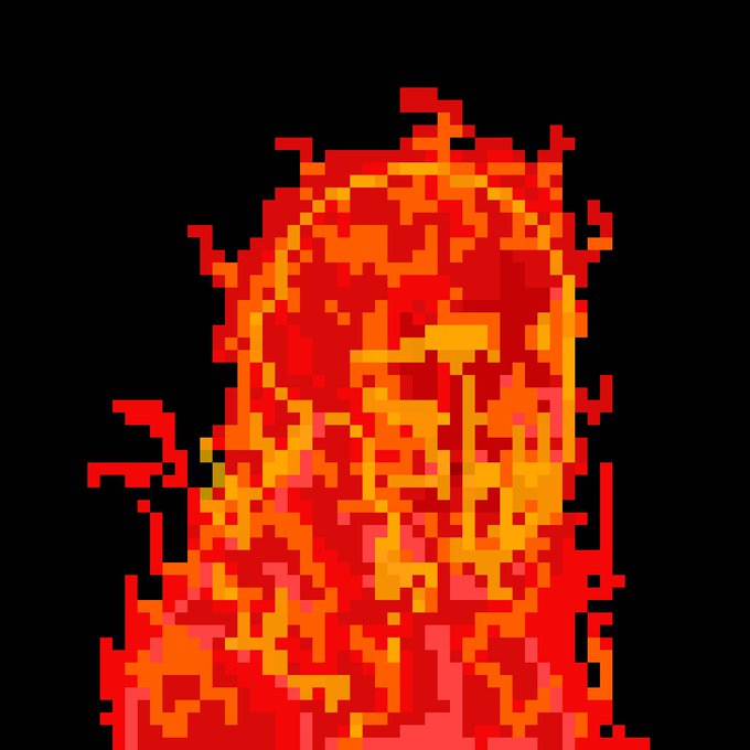 A pixel art rendering of orange and red flames against a black background.