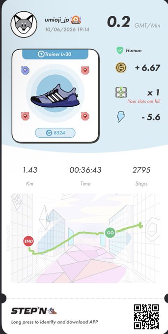 The image shows a white piece of paper with various icons, including a blue shoe icon, a green arrow pointing towards the shoe, and a map with a pink triangle. The text "stepn" appears multiple times throughout the image. The caption reads "今日のムーブ #stepn #superwalk #HEAL3 #毎日歩いてます". This suggests that the image is related to an app or program called "stepn", which could be a fitness tracking app, and it features icons for a shoe and a map. The post also mentions a long press to identify what's in the image and how it relates to the post.