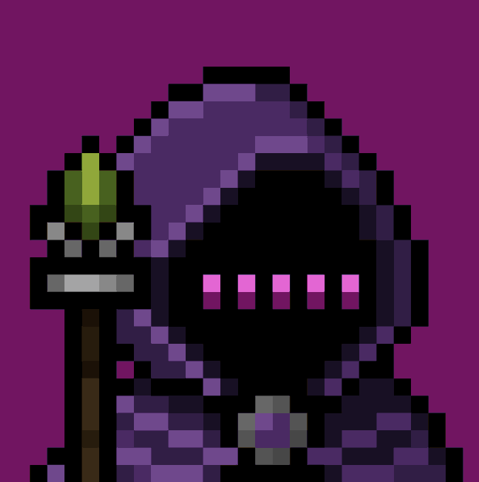 A pixel art character in a dark purple hooded cloak holding a wooden staff topped with a glowing green orb, set against a solid magenta background.