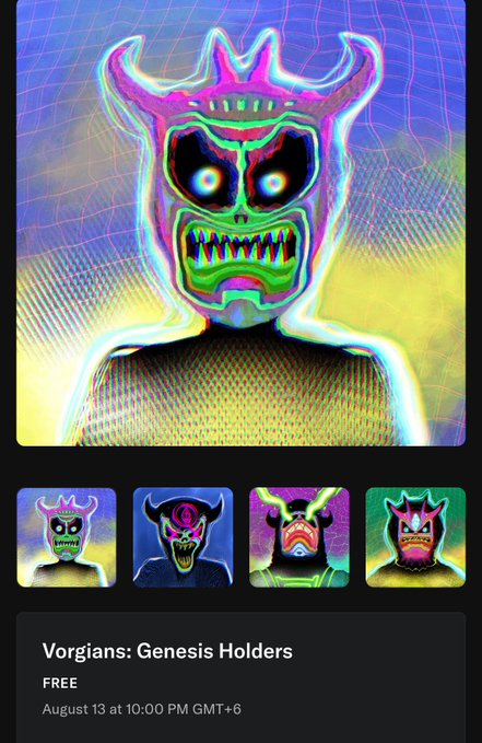 An NFT minting page shows a neon-colored digital demon mask titled 'Vorgians: Genesis Holders' with four variant thumbnails below, scheduled for August 13 at 10:00 PM GMT+6.