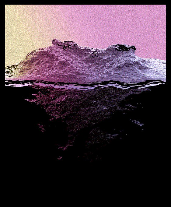 A stylized image of an iceberg or wave tinted in pink and purple hues, partially submerged in dark water against a pink and yellow gradient sky.