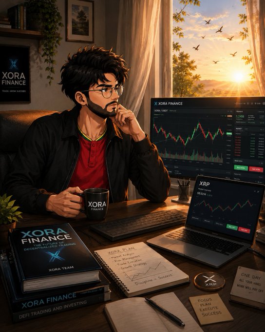 An illustrated image of a man working at a desk with multiple monitors showing XRP cryptocurrency trading charts, surrounded by XORA FINANCE branded books and XRP merchandise.