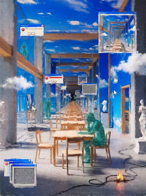 A surreal artwork blending a classical perspective hallway with sky and clouds, featuring computer error dialog boxes, cursor icons, and a green digital figure seated at a table.