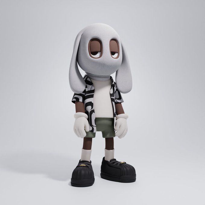 A 3D rendered character featuring a stylized dog-like head with droopy ears, wearing a patterned shirt, green shorts, white gloves, and black sneakers, standing against a neutral gray background.