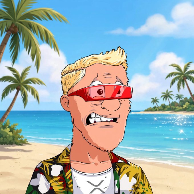 An animated cartoon of a blonde man with red sunglasses wearing a Hawaiian shirt on a tropical beach with palm trees and blue ocean.