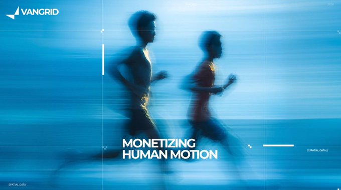 A Vangrid advertisement titled 'MONETIZING HUMAN MOTION' featuring two blurred silhouettes of runners in motion against a blue background.