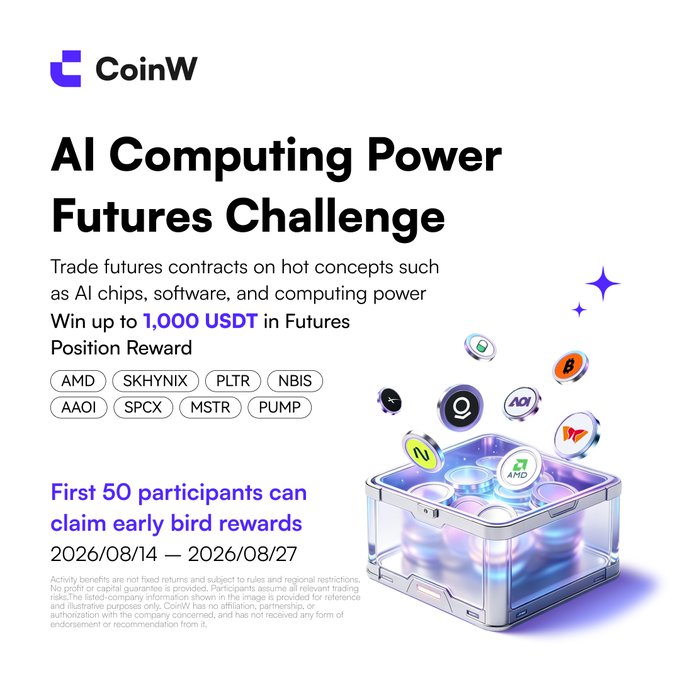 A CoinW promotional graphic for the "AI Computing Power Futures Challenge" running August 14–27, 2026, offering up to 1,000 USDT in futures position rewards plus early bird bonuses for the first 50 participants, featuring AI-related tickers AMD, SKHYNIX, PLTR, NBIS, AAOI, SPCX, MSTR, and PUMP. The image directly supports the post's call to build an AI-themed portfolio by showcasing these same tickers as tradable futures contracts with the stated bonus incentive.