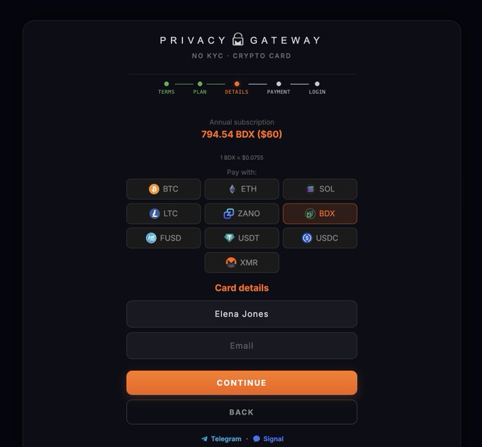 A Privacy Gateway payment screen showing an annual subscription of 794.54 BDX ($60) with cryptocurrency payment options including BTC, ETH, SOL, LTC, ZANO, BDX, FUSD, USDT, USDC, and XMR, with name and email fields below.