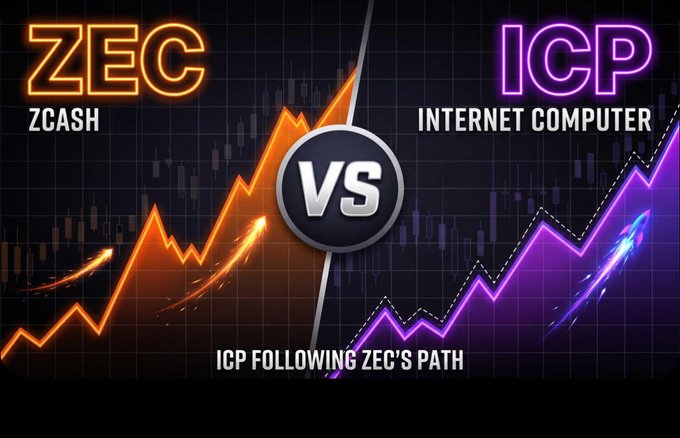 The image is a comparison graphic showing "ZEC (ZCASH)" on the left with an upward trending orange arrow, and "ICP (INTERNET COMPUTER)" on the right with a similar upward trending purple arrow, separated by a "VS" badge and captioned "ICP FOLLOWING ZEC'S PATH." This visual reinforces the post's claim that $ICP is mirroring $ZEC's price movement and expected to "shine" by following the same upward trajectory.