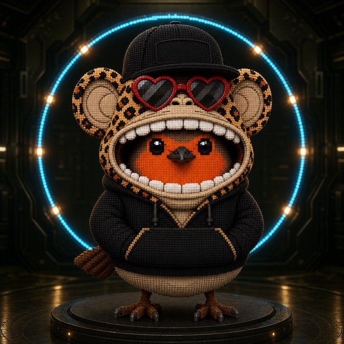 A crocheted bird character wearing a black hoodie, baseball cap, and red heart-shaped sunglasses stands on a circular platform against a futuristic backdrop with a glowing blue ring, matching the "NewProfilePic" tweet announcing the return of the iconic $ROBERT NFT character with the hood up.