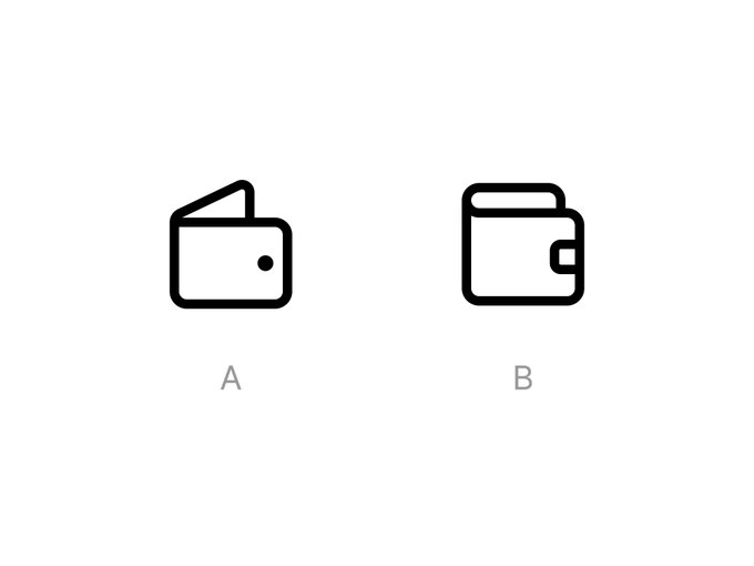Two minimalist black line-art icons on a white background: icon A depicts an open wallet, and icon B depicts a closed wallet, each labeled with their respective letter.