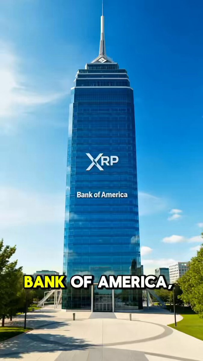 The image features a tall, modern building with a large glass facade that reflects the surrounding environment. The building prominently displays the text "BANK OF AMERICA" at its base, indicating its affiliation or association with the financial institution. In addition to this, there is also an advertisement for XRP written in white text on the side of the building. This suggests that the bank may be promoting a new payment platform called XRP, which has been gaining attention and interest due to its potential impact on cross-border payments. The image captures the dynamic nature of the financial industry as it adapts to changing technologies and trends.