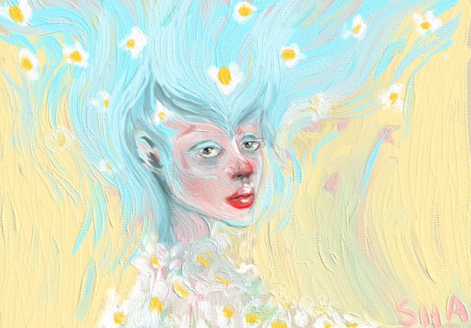Pastel-toned oil painting portrait of a figure with flowing light blue hair adorned with white and yellow flowers, signed "SWA" in the corner.