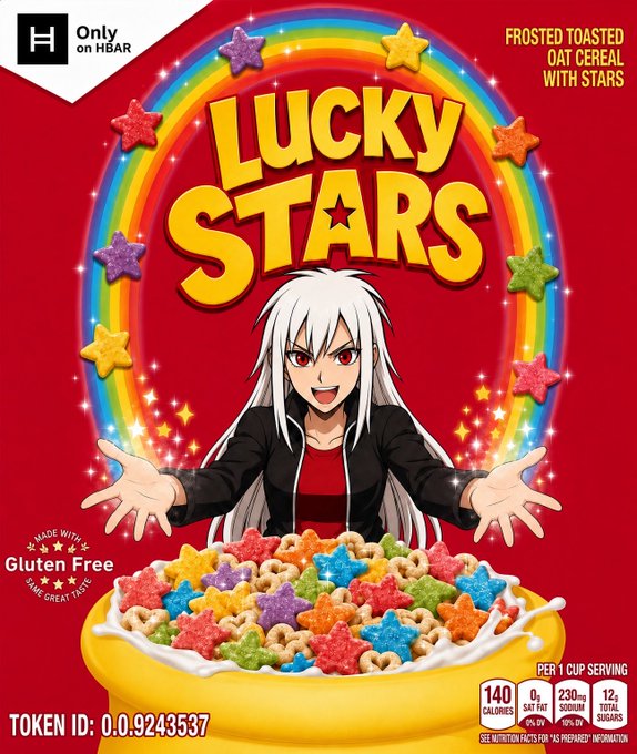 A parody Lucky Charms cereal box labeled 'LUCKY STARS' featuring an anime-style character, marked 'Only on HBAR' with token ID 0.0.9243537.