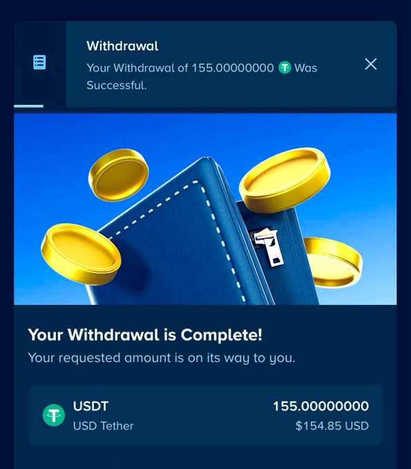 A confirmation screen from Stake showing a successful withdrawal of 155.00000000 USDT (Tether), valued at $154.85 USD, with the headline "Your Withdrawal is Complete!" reinforcing the post's $155 cashout.