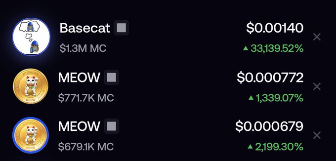 The image shows a list of meme cryptocurrency tokens, with "Basecat" at $0.00140 ($1.3M market cap, +33,139.52%) and two separate "MEOW" tokens listed below it, highlighting the absurd number of copycat "cat" meme coins flooding the market—directly illustrating the post's frustration about endless "Meow Kittehcoin" variations appearing on the platform.