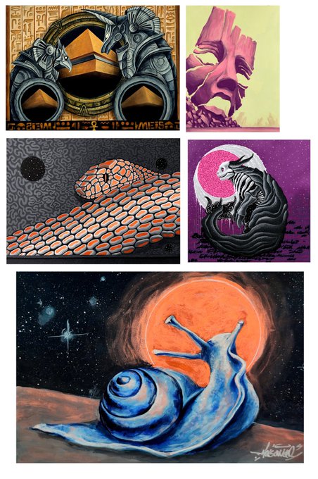A collage of four different digital artworks, including a metallic wolf emblem, a rocky landscape, a scaled orange creature, a dark dragon silhouette against a pink moon, and a blue snail gazing at an orange sun.