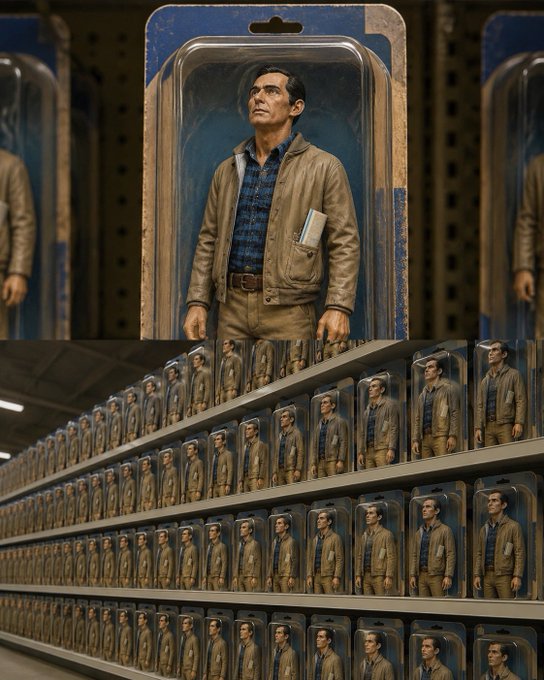 Rows of identical "Michael Saylor" action figures line store shelves, packaged like collectible toys, satirizing the post's claim that Saylor is "bust" and crypto is doomed—mocking the cult-like following around the Bitcoin advocate by literally mass-producing him as merchandise.