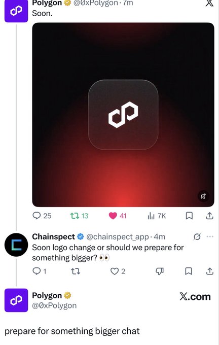 A Twitter/X thread from Polygon (@0xPolygon) teasing an upcoming announcement with 'Soon.' and a stylized logo, followed by a reply from ChainSpect speculating about a logo change or bigger announcement.