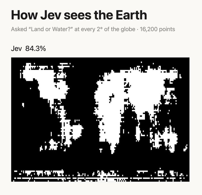 A visualization titled "How Jev sees the Earth" showing a global map at 2° resolution (16,200 points) where Jev was asked "Land or Water?"—he answered "Jev" 84.3% of the time, resulting in a pixelated world map that appears to highlight landmasses in white against black oceans.