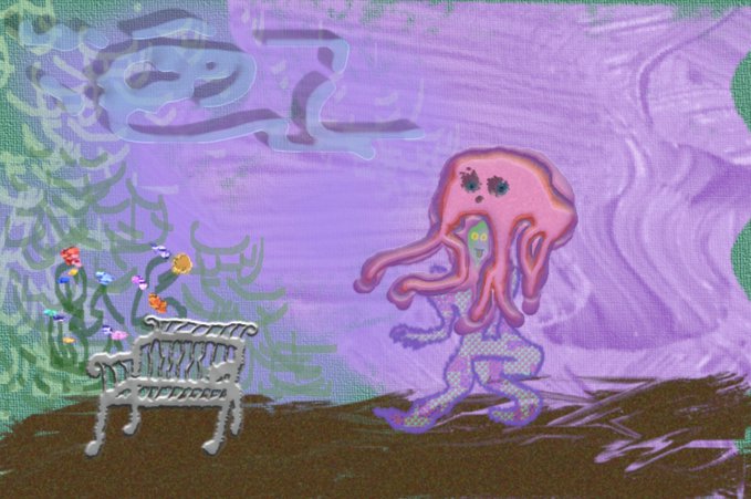 A surreal digital artwork featuring a pink octopus-like creature wearing patterned leggings walking past a white bench and flowers in a purple landscape, with a blue cloud shape in the upper left.