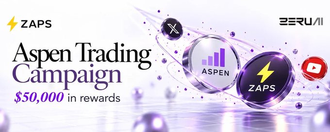 A promotional banner for 'Aspen Trading Campaign' on ZAPS, offering '$50,000 in rewards' with logos for ZAPS, ASPEN, X, and YouTube.