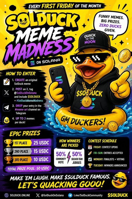 Vibrant promotional poster for "SolDuck Meme Madness," a meme contest on Solana featuring a cool duck in sunglasses holding a phone and a "$SOLDUCK" medallion, advertising a 50 USDC prize pool (25/15/10 USDC for 1st/2nd/3rd), entry via tagging @SolDuckOnSolana with $SOLDUCK and #SolDuckMemeMadness, and a weekly schedule running Friday through Tuesday.