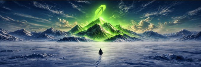 A lone figure treks across a frozen expanse toward a towering mountain illuminated by a glowing green arrow, symbolizing a bold ascent into uncharted territory. This epic journey mirrors the poster's conviction in taking a position on $PENGUIN, framed by the contract address "0xe2Ec718DbBB81D0a50bDf0D21342e34162B11415" as a beacon guiding their investment.