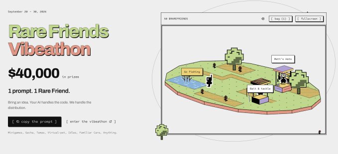 A promotional graphic for a 'Rare Friends Vibeathon' event running September 26-30, 2026, offering a $40,000 prize pool for AI-generated pixel-art characters, featuring a pixelated island scene with 'Go Fishing', 'Bath & rest' and 'Bath & tackle' zones.