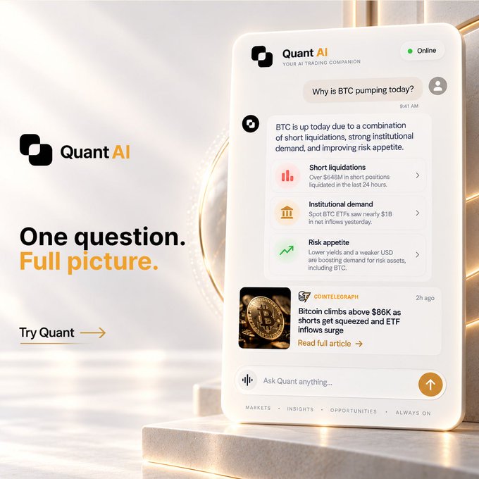 A promotional image for 'Quant AI' with the tagline 'One question. Full picture.' It shows a mobile phone interface displaying an AI chat response to 'Why is BTC pumping today?', explaining it's due to short liquidations, institutional demand, and risk appetite, with a Cointelegraph article about Bitcoin climbing above $86K.