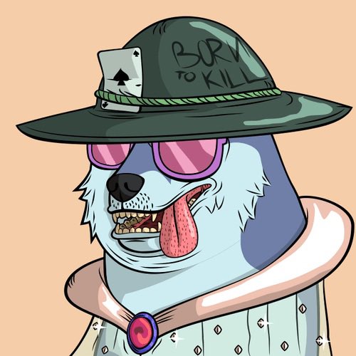 urn of gold and blue, with a red heart on the collar, is worn by a cartoon character in a black hat and sunglasses.