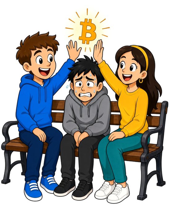 A cartoon illustration of three people sitting on a bench where a glowing Bitcoin symbol appears above the central nervous-looking character in a gray hoodie, while his two smiling friends raise their hands.