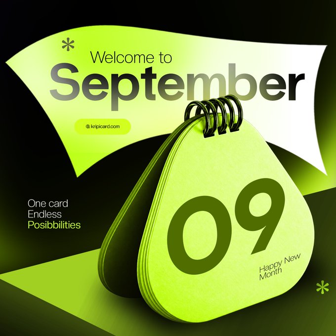 Bright green promotional graphic for Kripicard reading 'Welcome to September' with a 3D tear-off calendar showing '09' and 'Happy New Month,' along with the tagline 'One card Endless Possibilities'.