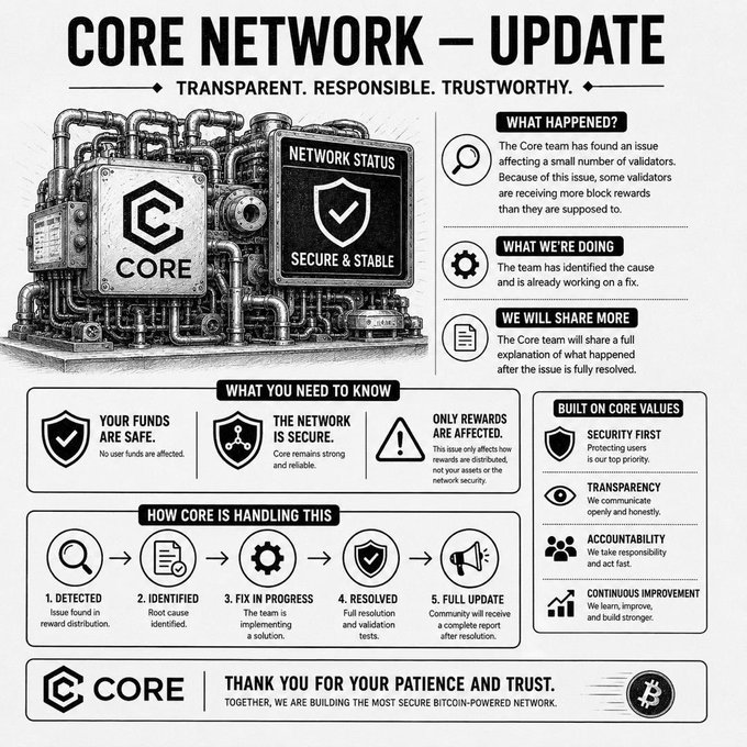 The image is a CORE Network Update infographic detailing a validator reward distribution issue, outlining what happened, the fix in progress, and reassuring users that funds remain safe while only rewards are affected, aligning with the accompanying post about CORE validators receiving excess block rewards.