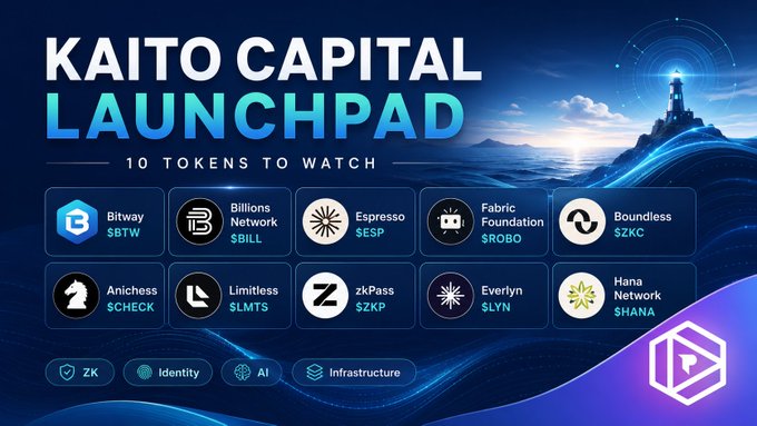 A promotional graphic titled "KAITO CAPITAL LAUNCHPAD — 10 TOKENS TO WATCH," listing tickers: Bitway $BTW, Billions Network $BILL, Espresso $ESP, Fabric Foundation $ROBO, Boundless $ZKC, Anichess $CHECK, Limitless $LMTS, zkPass $ZKP, Everlyn $LYN, and Hana Network $HANA.