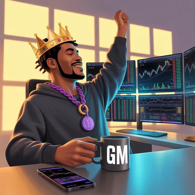 A digital illustration shows a smiling man wearing a golden crown and a purple Bitcoin chain, sitting at a desk with multiple trading monitors, raising his fist while holding a mug that reads 'GM'.