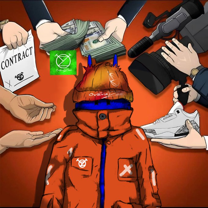 An illustration showing a person in an orange jacket surrounded by hands offering a contract, cash, a camera, and a shoe, with a crossed-out 'Organized' logo on their forehead.