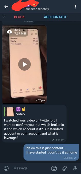 A Telegram chat screenshot showing a video of a trading account (Balance: 11.90, Equity: 11.95, Free margin: 11.50), with a message asking about the broker, account type, and leverage.