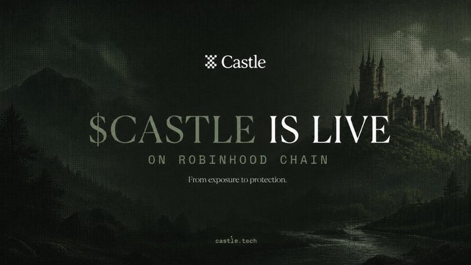 A dark, atmospheric promotional graphic featuring a medieval castle on a cliffside, displaying the text "$CASTLE IS LIVE ON ROBINHOOD CHAIN" alongside the Castle logo and tagline "From exposure to protection," promoting the launch of the $CASTLE token as described in the accompanying post.