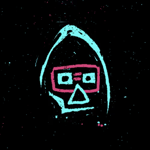 A neon-style cartoon graphic of a hooded figure with cyan and pink glasses and a triangle mouth on a black, speckled background.