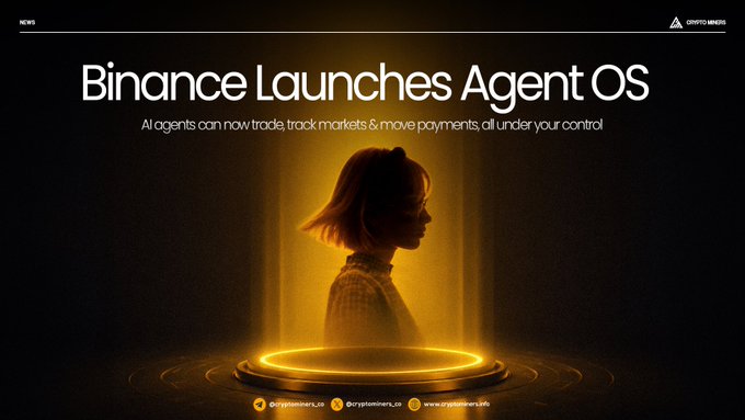 An advertisement announces "Binance Launches Agent OS" with the tagline "AI agents can now trade, track markets & move payments, all under your control," featuring a silhouette of a woman in a yellow spotlight.