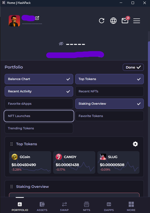 Screenshot of a HashPack cryptocurrency wallet app showing a portfolio with options like 'Balance Chart', 'Top Tokens', and 'NFT Launches', displaying token prices for GCoin, CANDY, and SLUG.