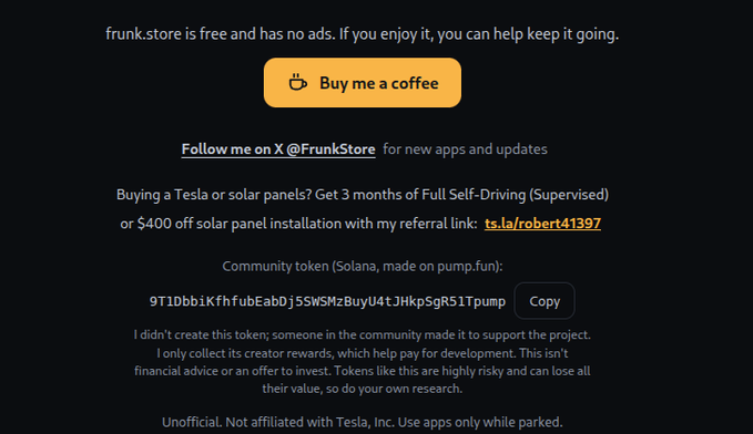 A dark webpage with the text 'frunk.store is free and has no ads', a 'Buy me a coffee' button, a Tesla referral link for 'robert41397', and a Solana community token '9T1DbbiKfhfubEabDj5SWSMzBuyU4tJHkpSgR51Tpump'.