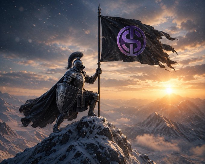 A fantasy digital artwork of an armored knight holding a tattered black banner emblazoned with a purple dollar sign ($), standing on a snowy mountain peak at sunset.